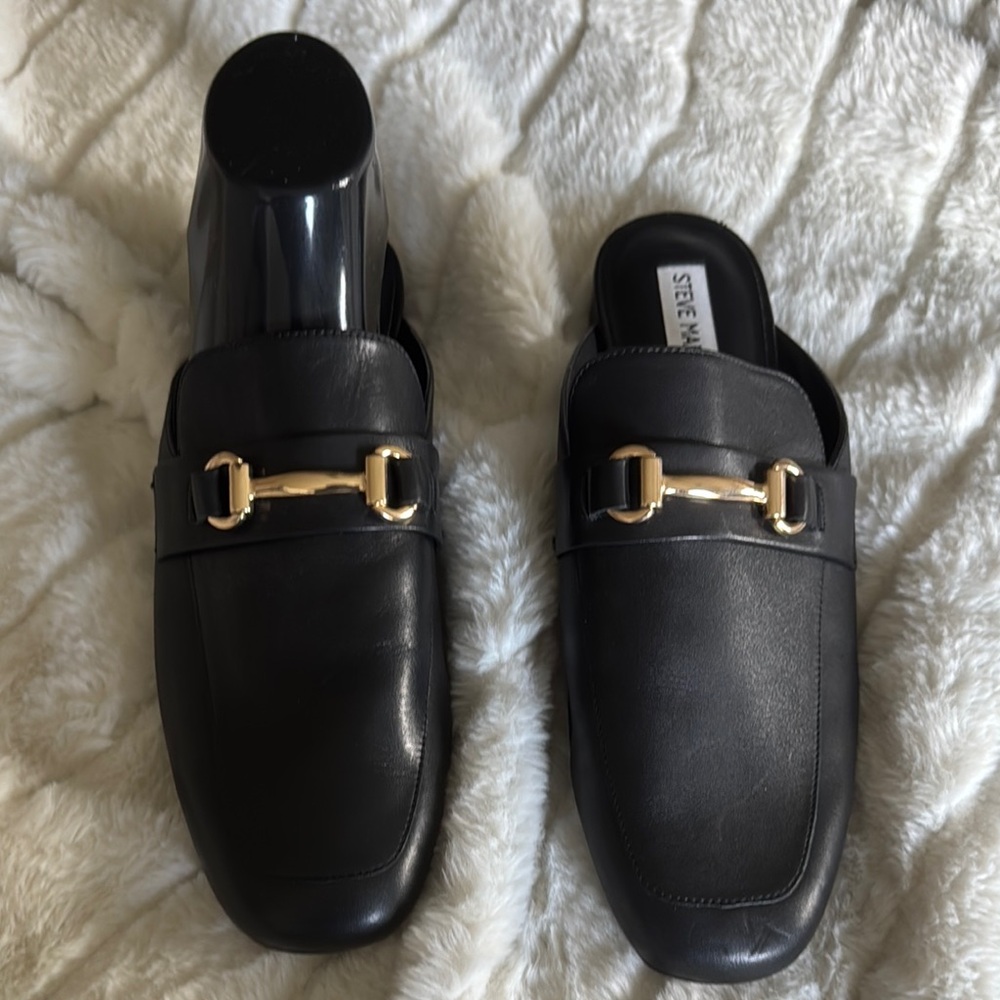 Steve Madden Black Leather Slip-On Mules with Gold Bit